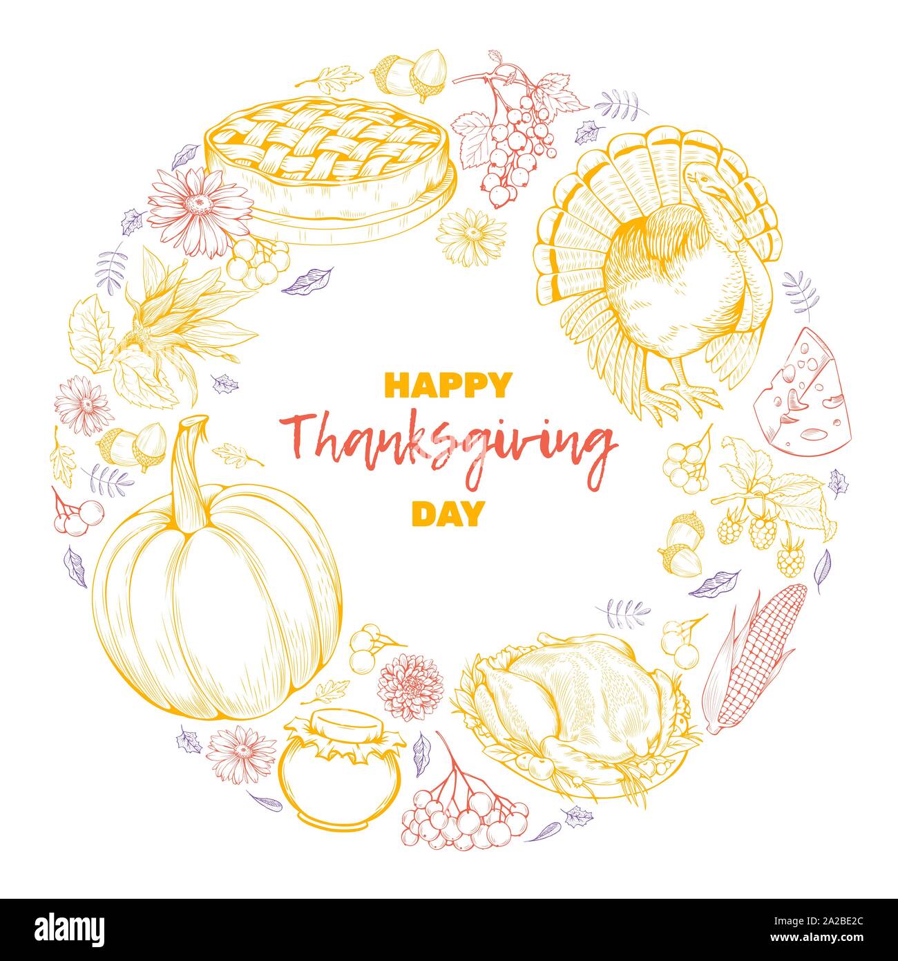 Thanksgiving holiday vector postcard template. Hand drawn autumn festival symbols in round frame with lettering isolated on white background. Pumpkin, turkey, pie, vegetables vintage engravings Stock Vector