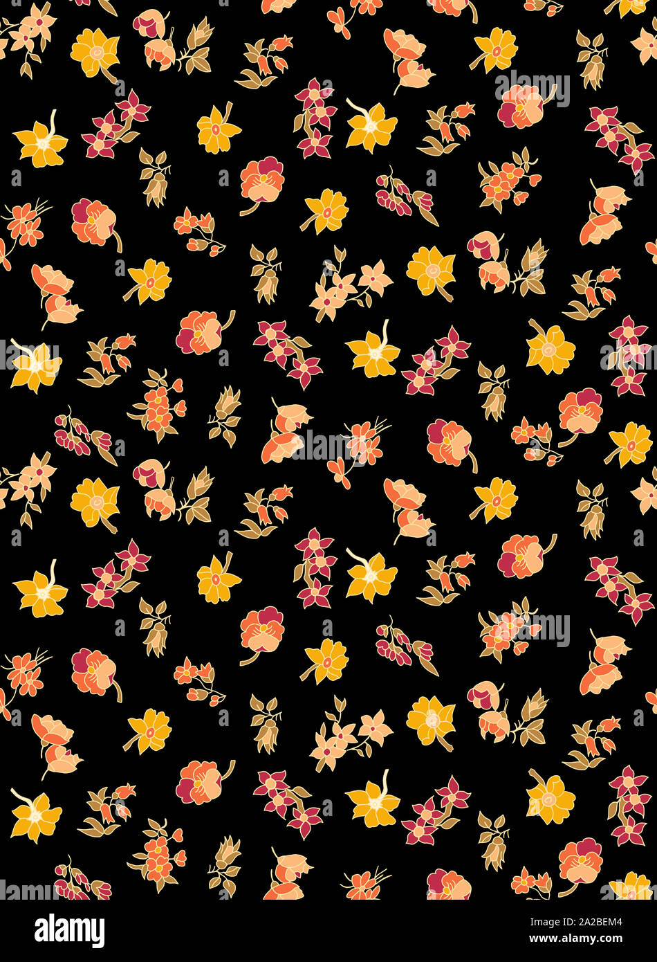 Seamless floraled pattern with yellow color on black background for textile or fabric prints.. Stock Photo