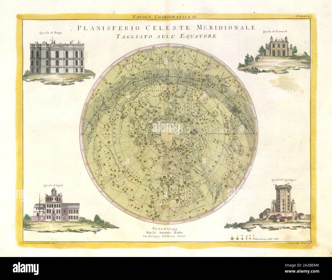 Southern Celestial Planisphere, 1777. A star map of the night sky in the southern hemisphere. Colored engraving, 1777. The corners the image have Stock Photo