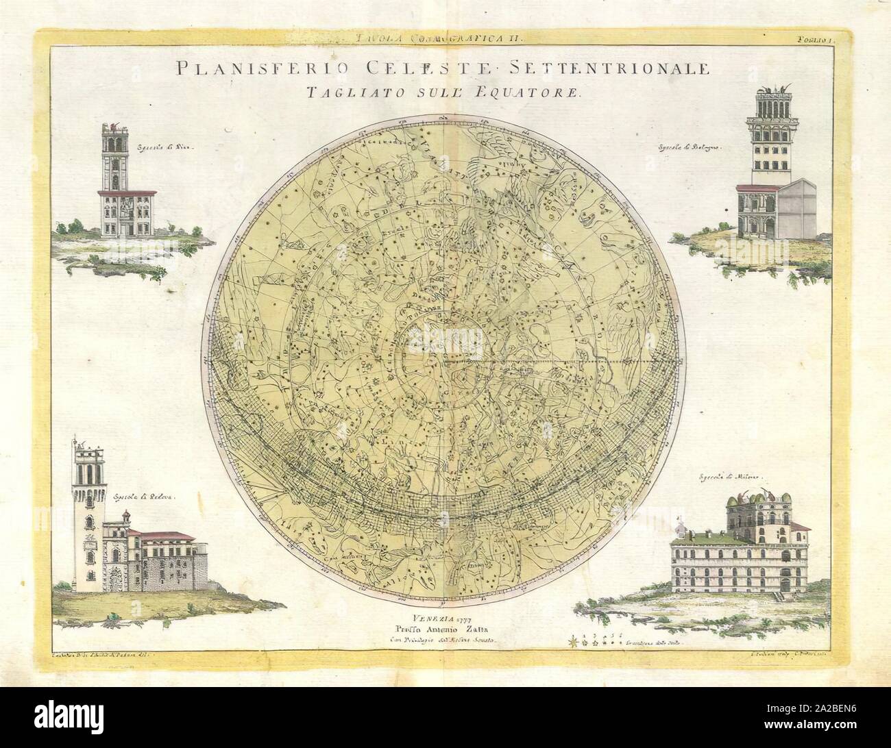 Northern Celestial Planisphere, 1777. A star map of the night sky in the northern hemisphere. Colored engraving, 1777. The corners the image have Stock Photo