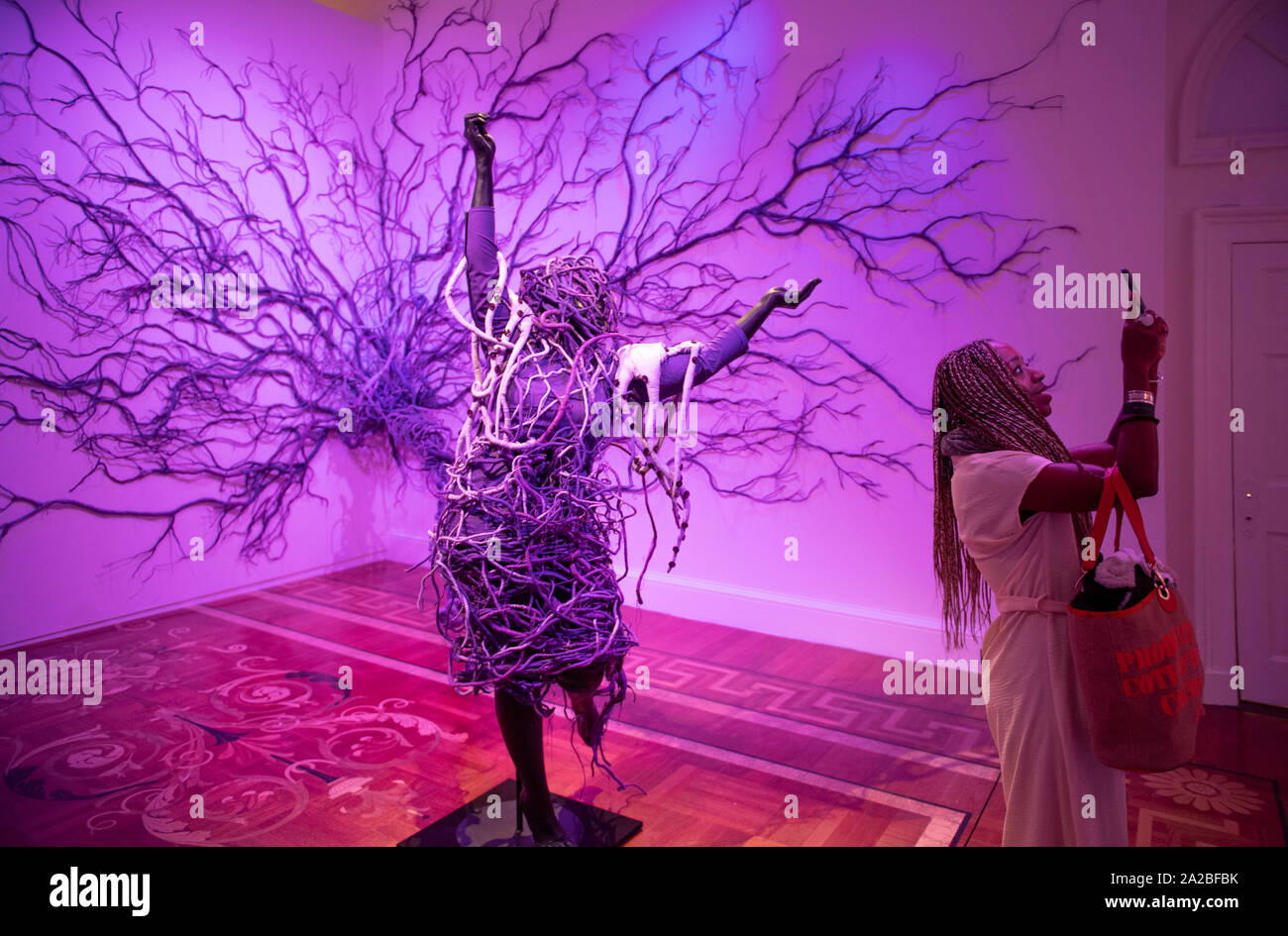 Somerset House, London, UK. 2nd October 2019. 1-54 Contemporary African Art Fair features 45 leading international galleries runs from 3-6 October. Image: A Reversed Retrogress, Scene 2, 2013, by Mary Sibande. Credit: Malcolm Park/Alamy Live News. Stock Photo