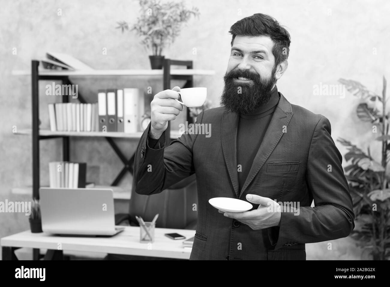 Benefits of office coffee culture. Man bearded manager businessman