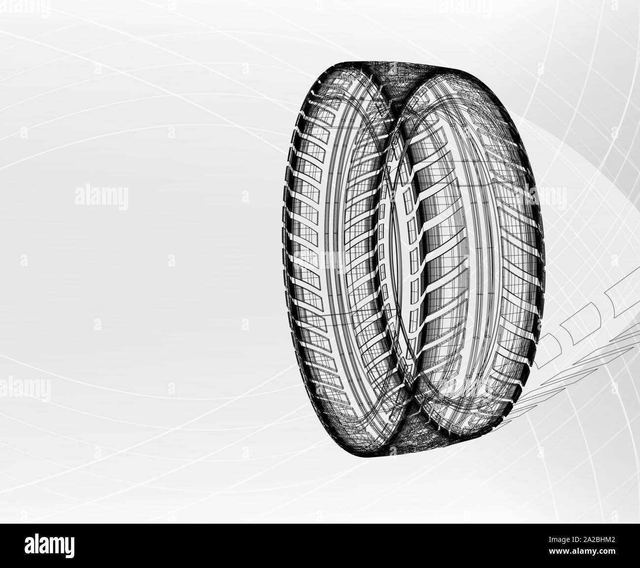 Car tire with tire marks on a light grey background. Vector blueprint