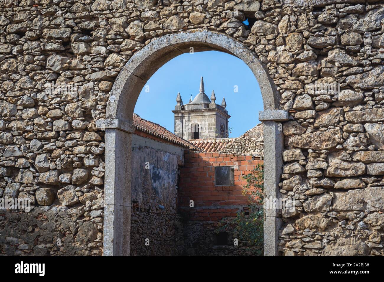 15th century Church and Sanctuary of Nossa Senhora do Cabo on Cabo Espichel cape on the western coast near Seisimbra town in Portugal. Stock Photo