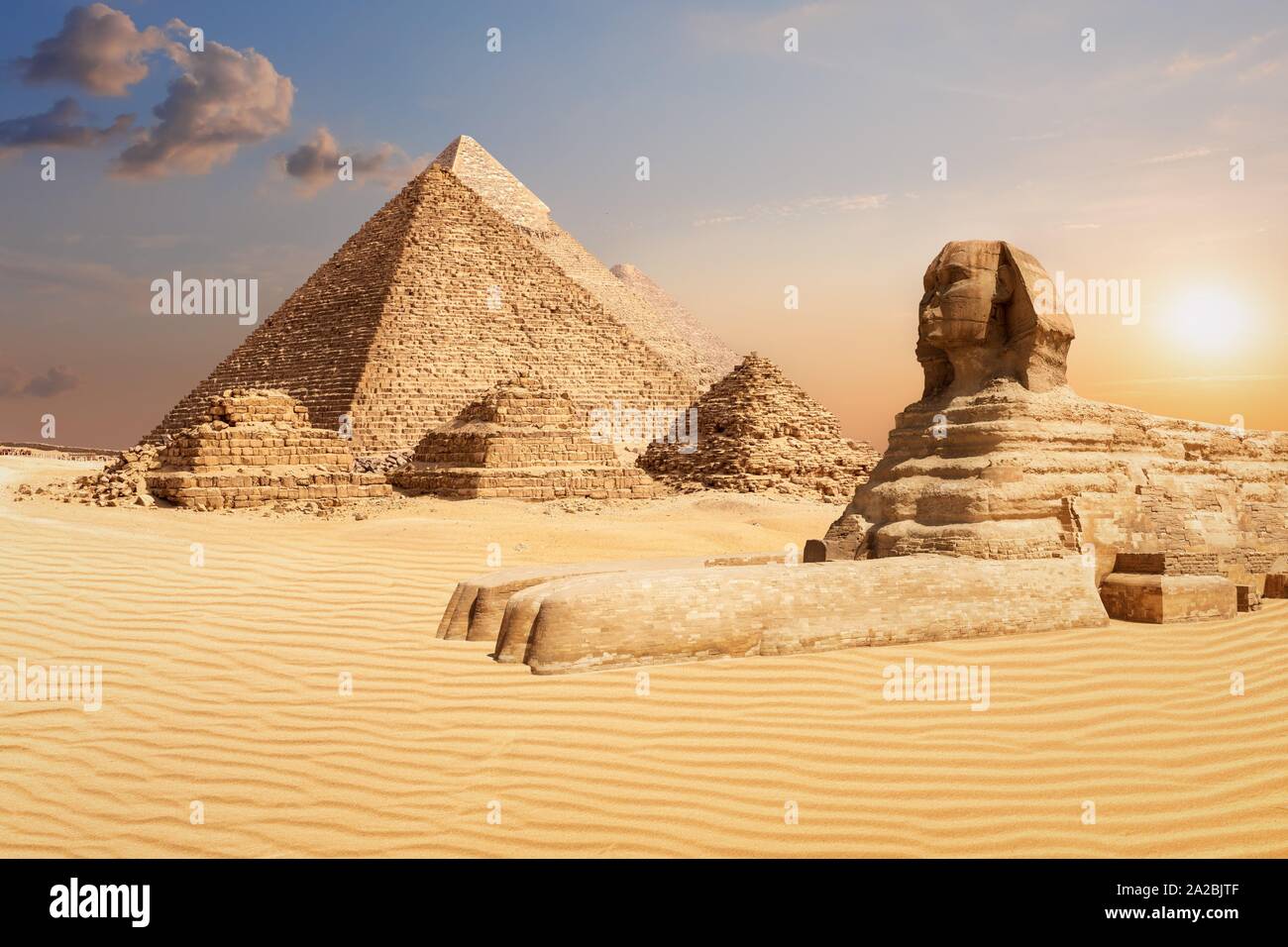 The Pyramids and the Sphinx of Giza, famous world landmark scenery. Stock Photo