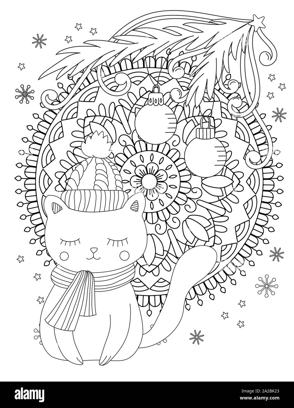 Christmas coloring page. Adult coloring book. Cute cat with scarf and knitted cap. Hand drawn vector illustration. Stock Vector