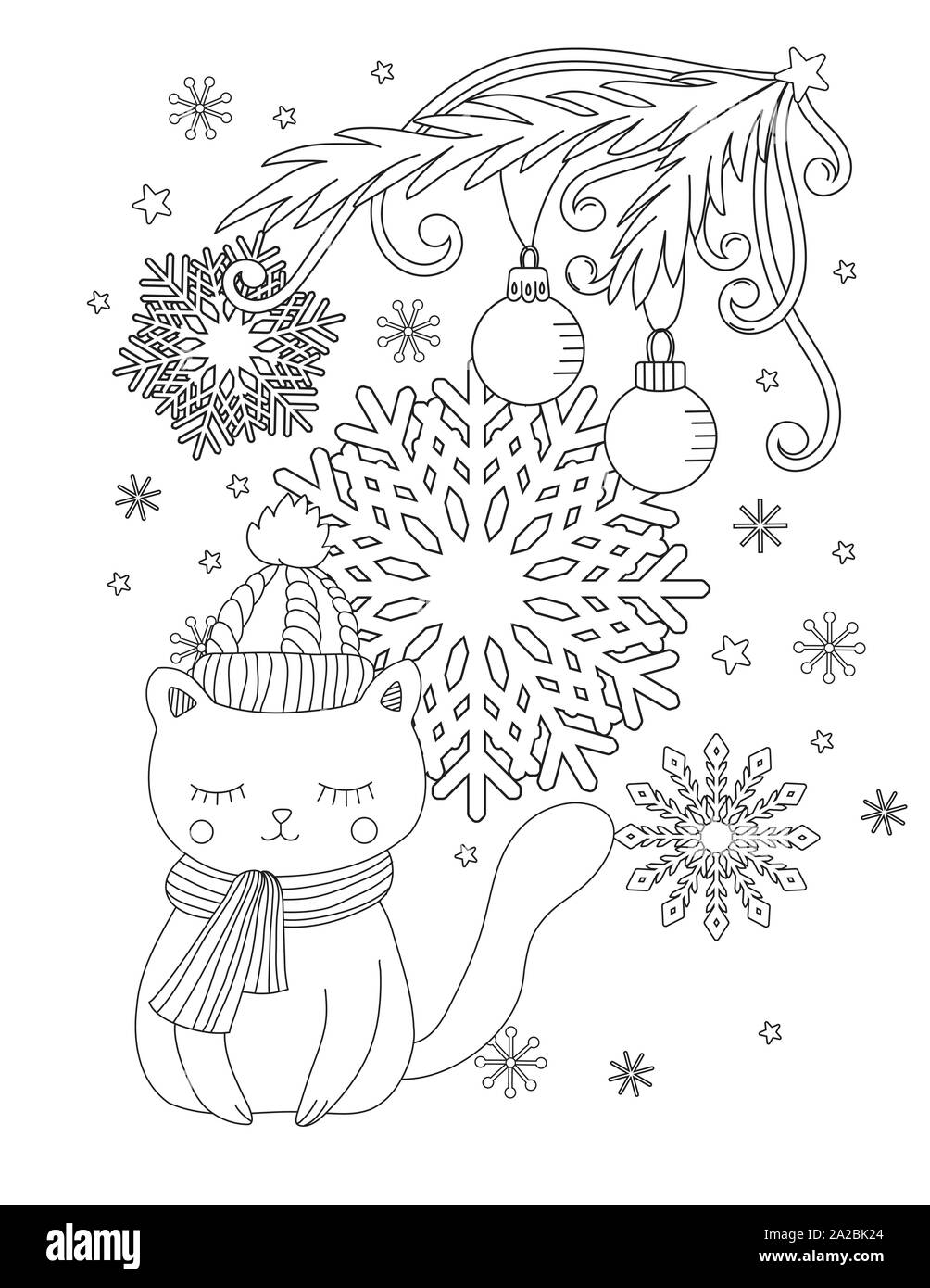 Christmas coloring page for kids and adults. Cute cat with scarf ...