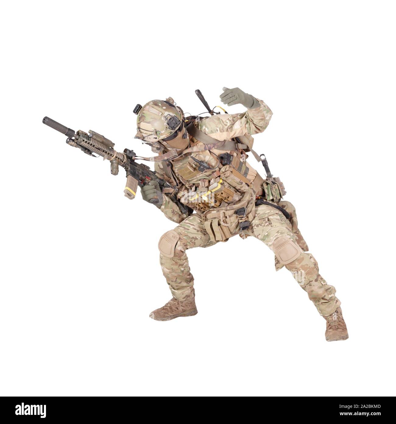 Army Soldier Modern Combatant Fireteam Sergeant In Battle Uniform And Helmet Armed With Service Rifle Duck Under Enemy Fire Giving Follow Me Arm Stock Photo Alamy