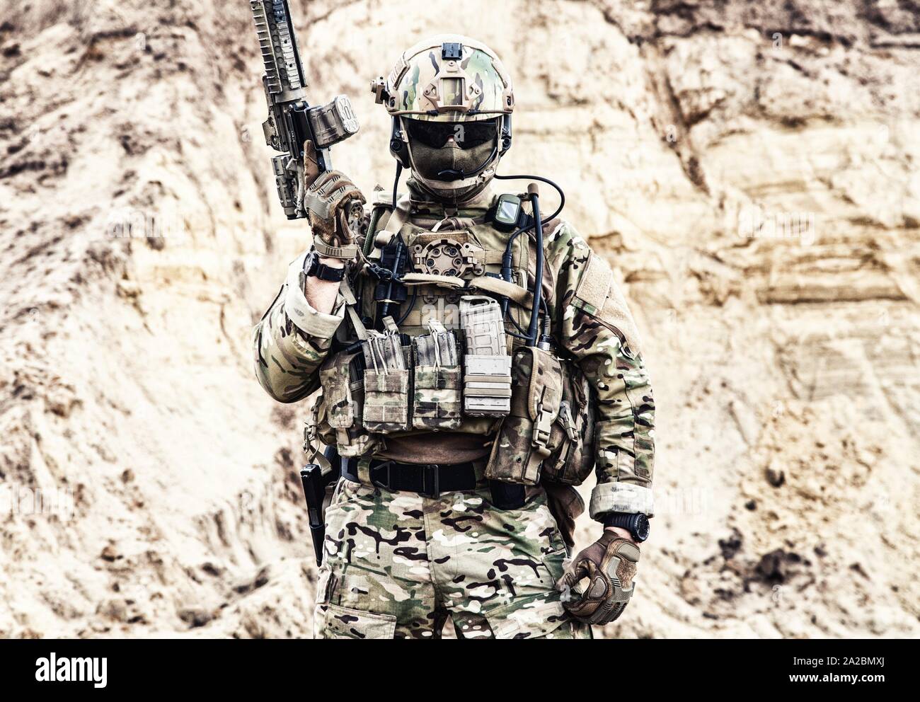 Army soldier, private military company fighter with hidden identity in