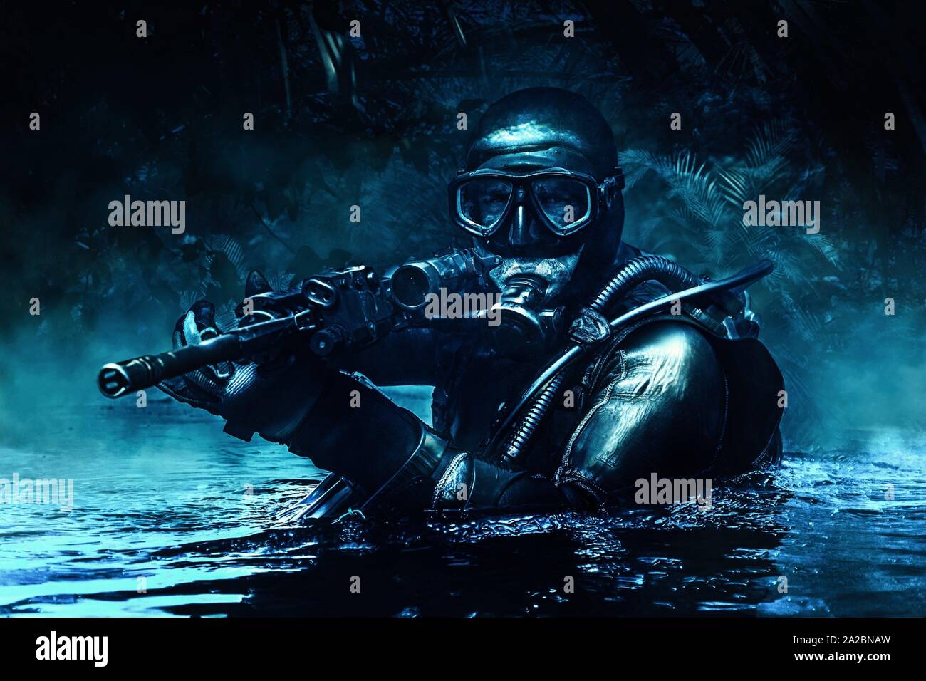 Combat diver of special forces operations unit frogmen comes up in jungle in diving gear. Dark night, moonlight, diversionary operation with weapon. Stock Photo