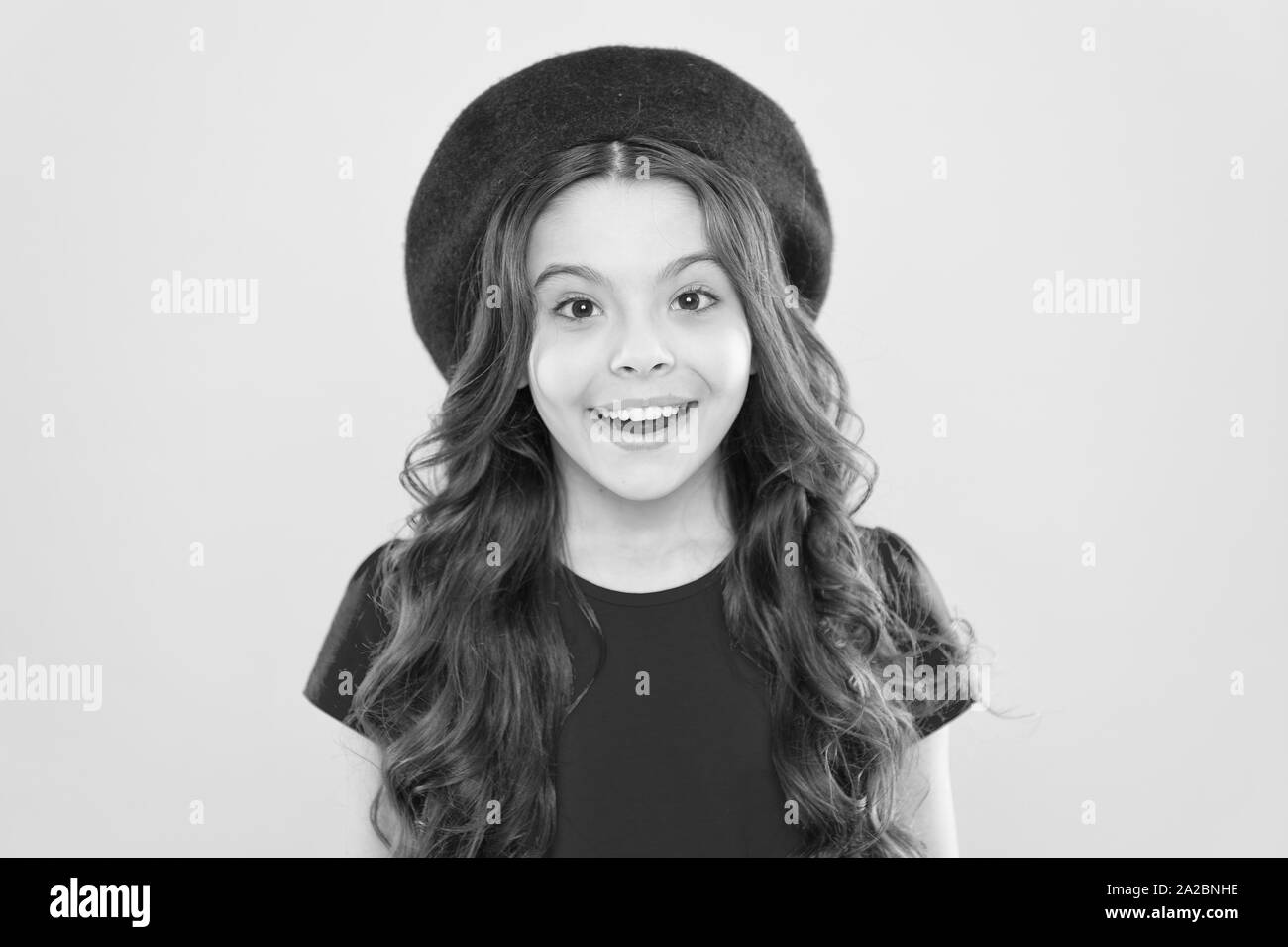 Kid Cute Face With Adorable Curly Hairstyle Wear Beret Hat Little