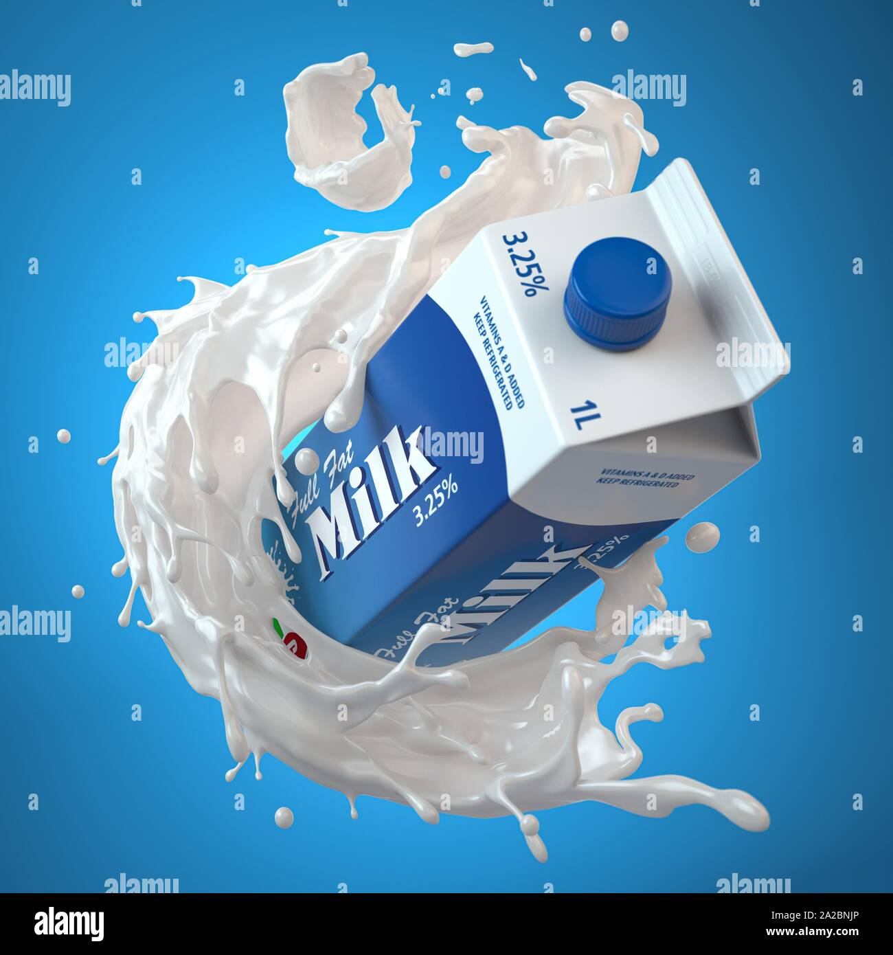 Milk carton box or packaging of milk and splash of milk on blue