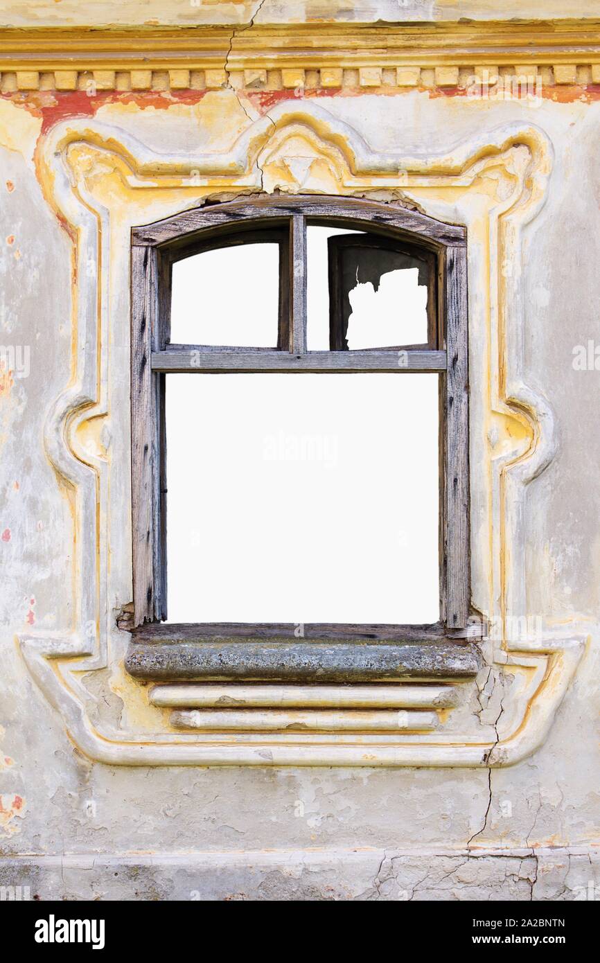 Window Frame With Vintage Decor On a Ornate, Rustic, Worn, Aged Wall. Stock Photo