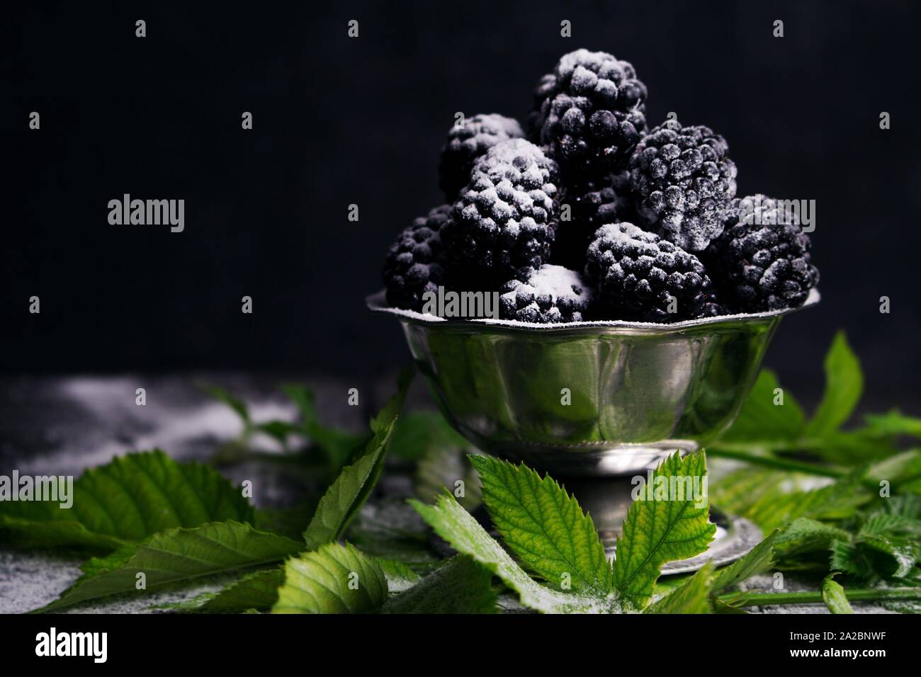 Blackberries Served With Sprinkled Powdered Sugar and Blackberry Leaves On Rustic Wooden Table. Stock Photo