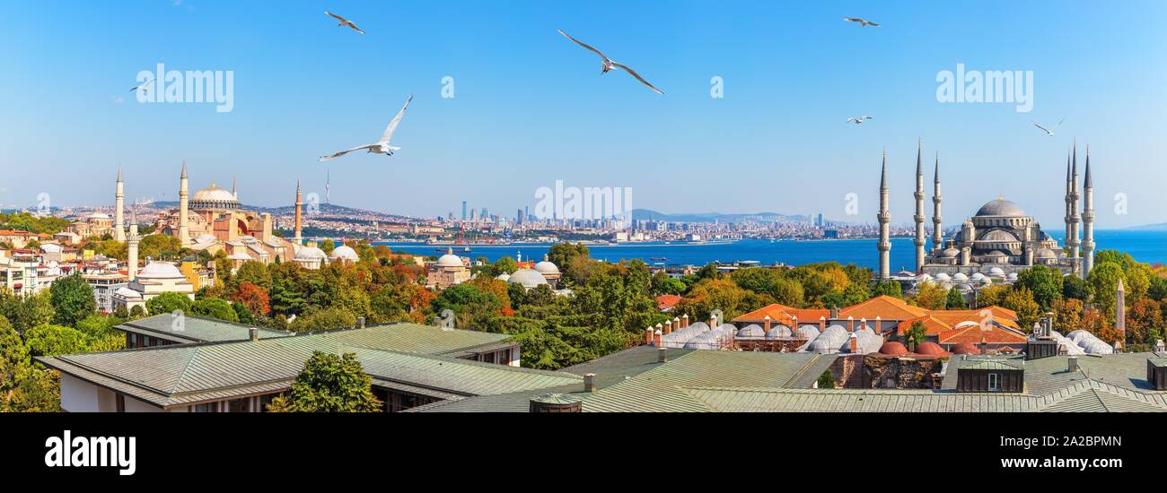 Istanbul panorama: view on the Hagia Sophia and the Sultan Ahmed Mosque. Stock Photo