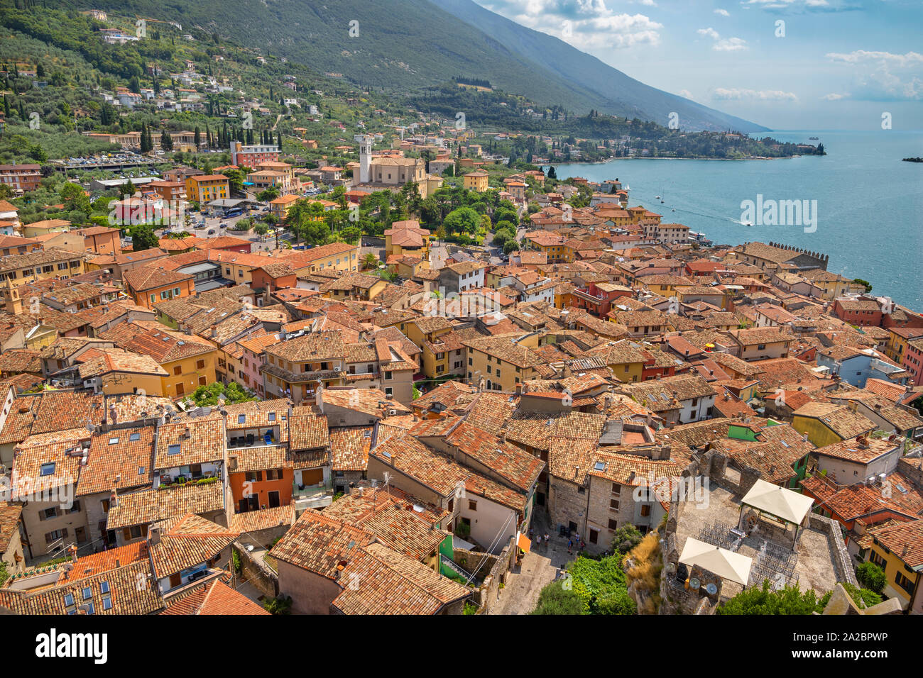 The Malcesine from castle and Lago di Garda  Lake. Stock Photo