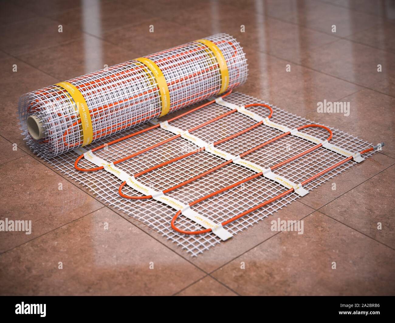 Mat electric floor heating system on kitchen tile Heated warm floor. Underfloor heating. 3d