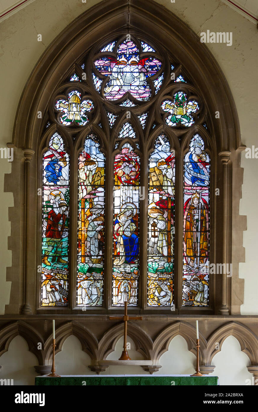 Stained glass east window East Woodhay church, Hampshire, England, UK