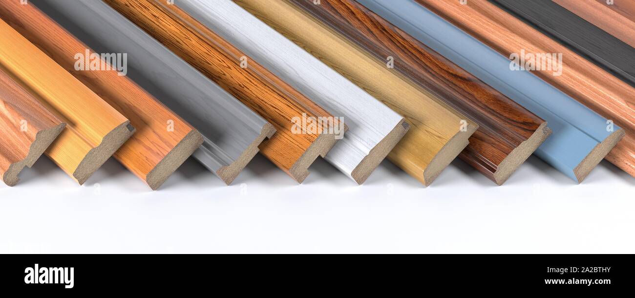 Set of wooden furniture CMD or MDF profiles. Smaples of baseboards from