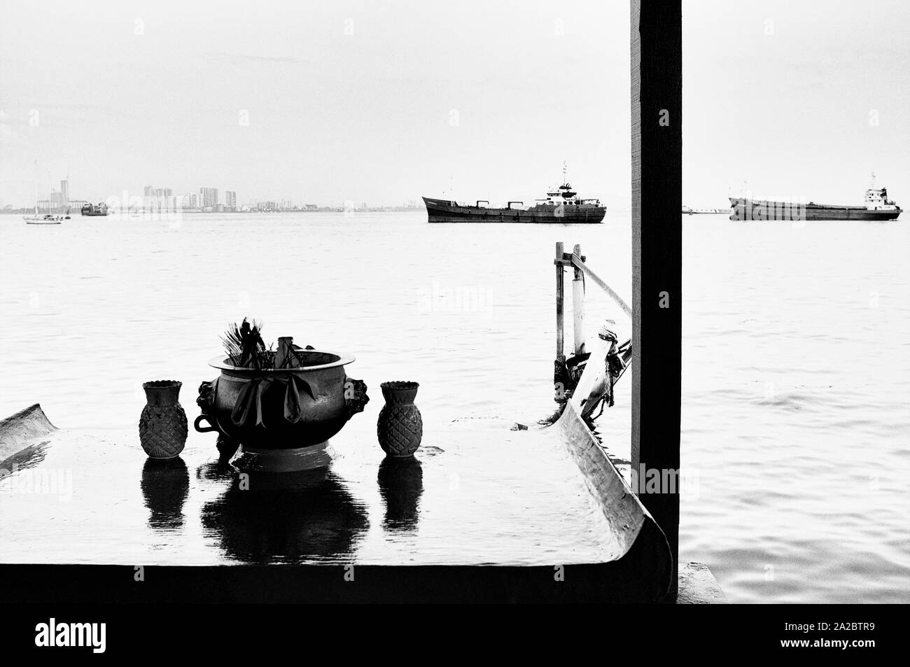 Black and white shot of the Chinese temple of George Town Clan Jetty, George Town, Penang, Malaysia Stock Photo