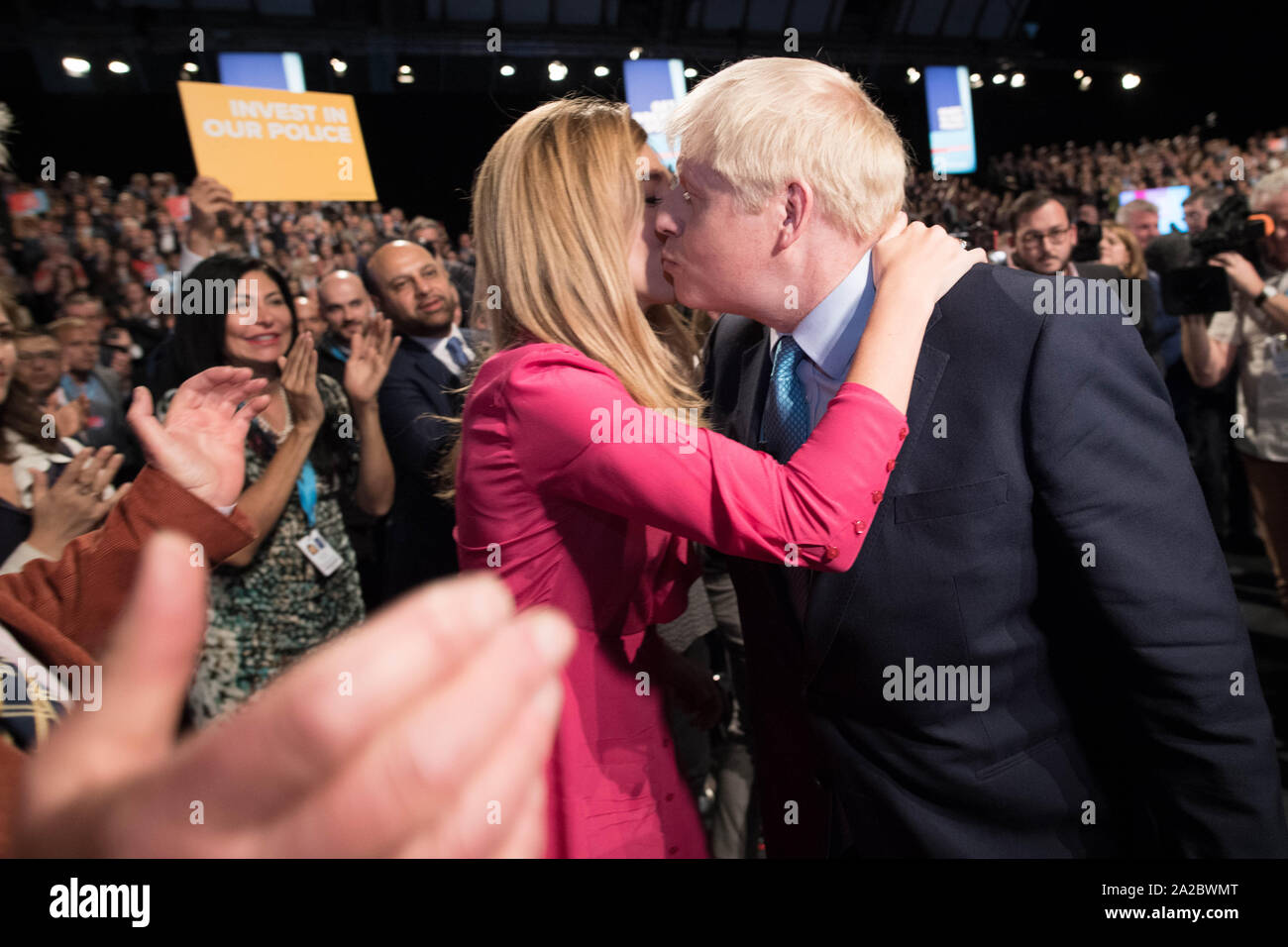 Prime Minister Boris Johnson Kisses His Partner His Partner Carrie Symonds After Delivering His Speech During The Conservative Party Conference At The Manchester Convention Centre Stock Photo Alamy