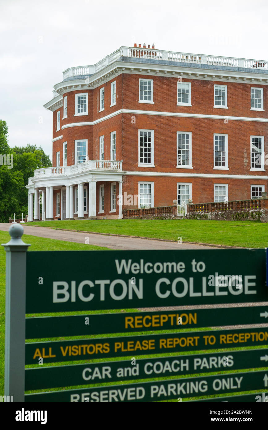 Bicton College main building, with entrance sign. Bicton House