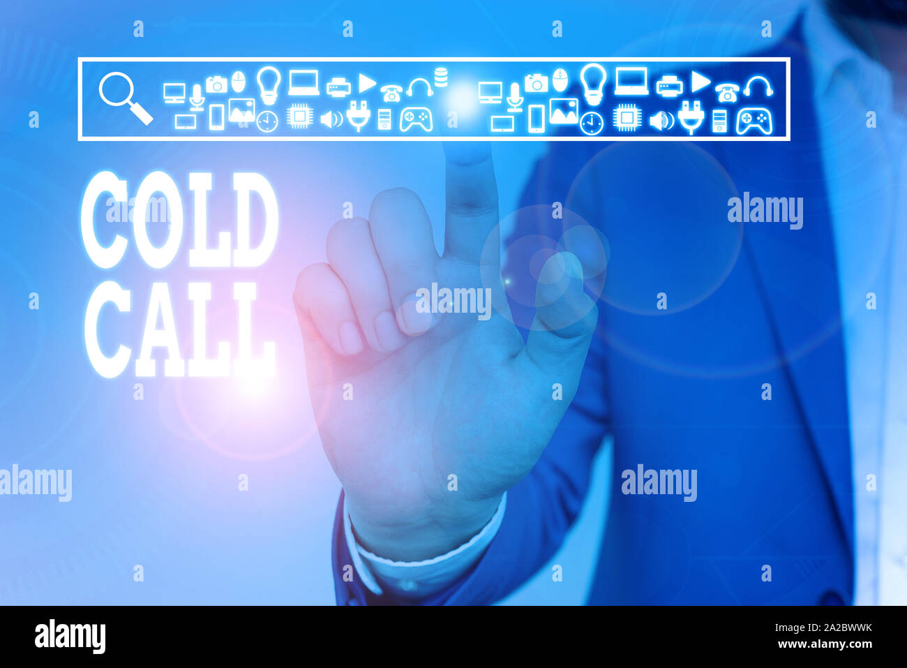 Writing note showing Cold Call. Business concept for Unsolicited call made by someone trying to sell goods or services Male wear formal work suit pres Stock Photo