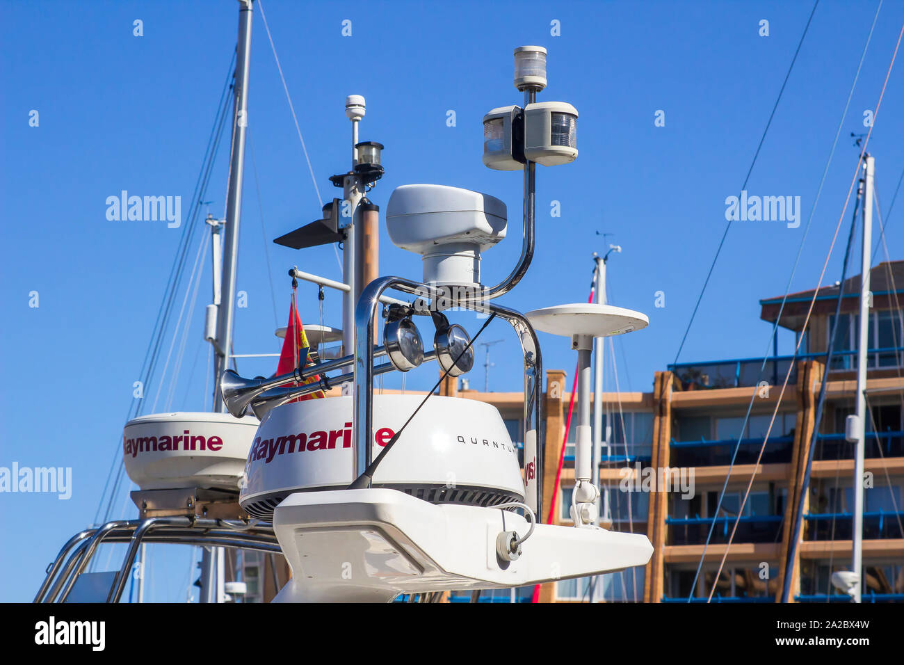 18 September 2019 Close up of  Baymarine radar equipment on a boat in the Port Solent Marina in Hampshire on the South Coast of England Stock Photo