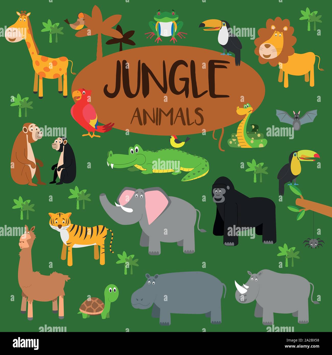 Vector set Jungle animals. Flat style character. Vector illustration. Stock Vector