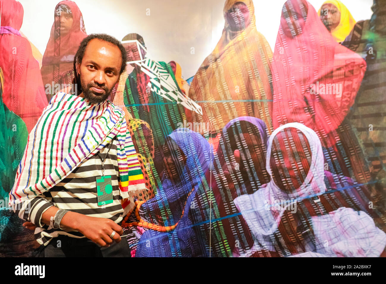 Somerset House, London, UK, 02 Oct 2019. Ethiopian Artist Leikun Nahusenay, represened by Versant Sud, creating an in-situ work at his solo exhibition space. Somerset House, in partnership with 1-54, presents the Contemporary African Art Fair, now in its 7th year at Somerset House. The Fair runs from Oct 3-6 and brings together 45 leading galleries with over 140 artists. Credit: Imageplotter/Alamy Live News Stock Photo