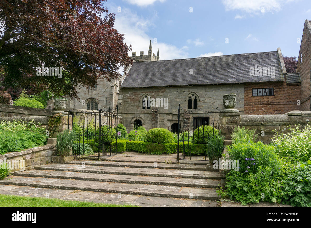 Upper Hall House, a 13th century building attaching to Norbury Manor, Norbury, Derbyshire, UK; viewed from a public footpath. Stock Photo