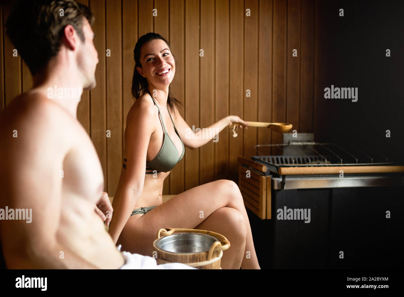 Couple Relaxing Resting And Sweating In Sauna Stock Photo Alamy