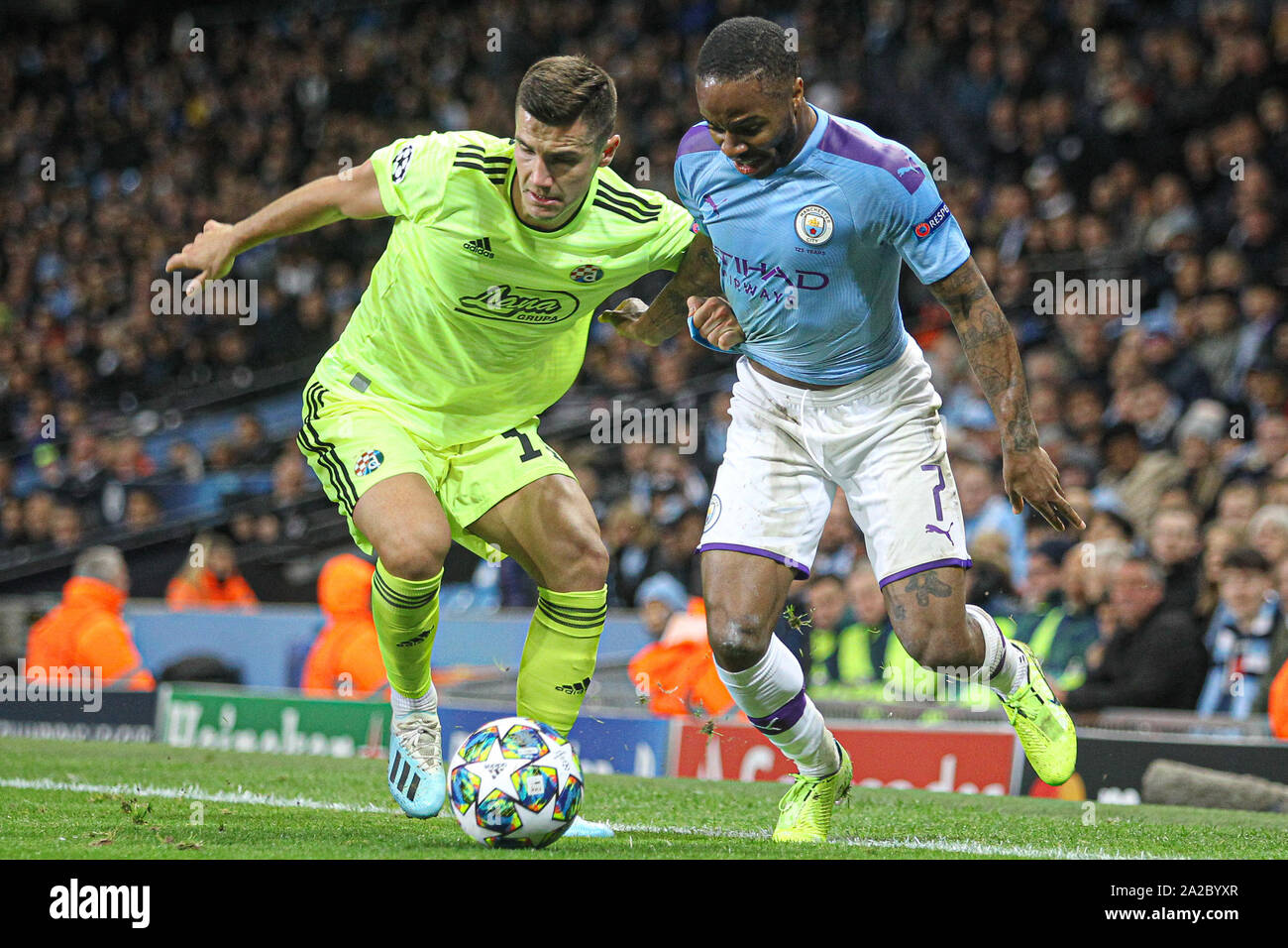 Raheem Sterling (Manchester City) during the UEFA Champions League group match between Manchester City and Dinamo Zagreb at the Etihad Stadium, Manchester, England on 1 October 2019. Photo by James  Gill. Stock Photo