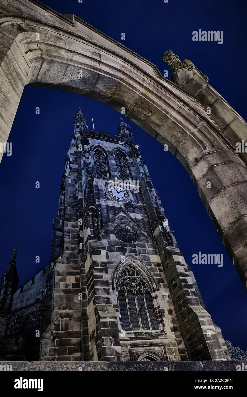 Church in archway at night, Stockport North West England Stock Photo Alamy