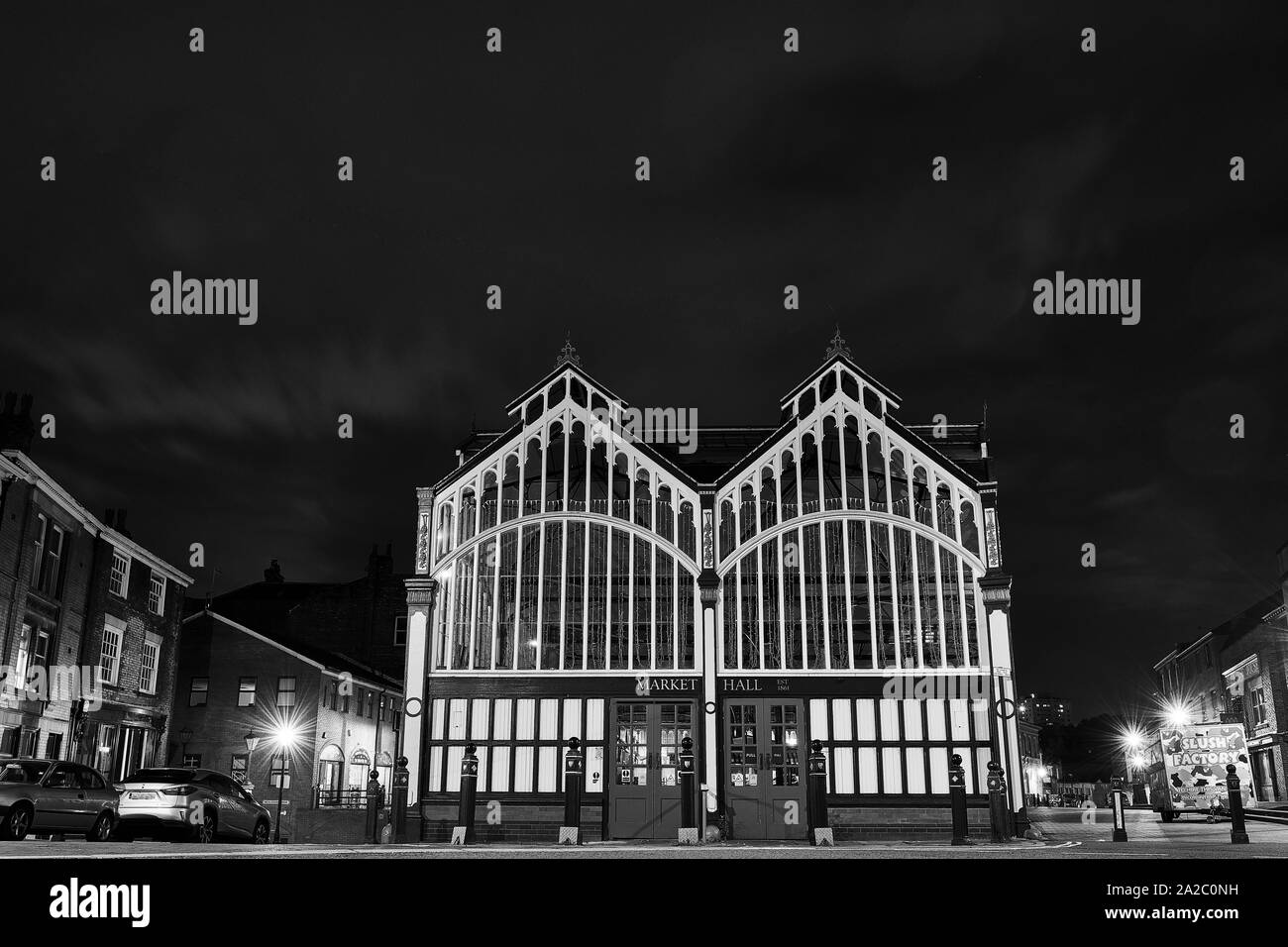 Market Hall at night in black and white, Stockport, North West England Stock Photo
