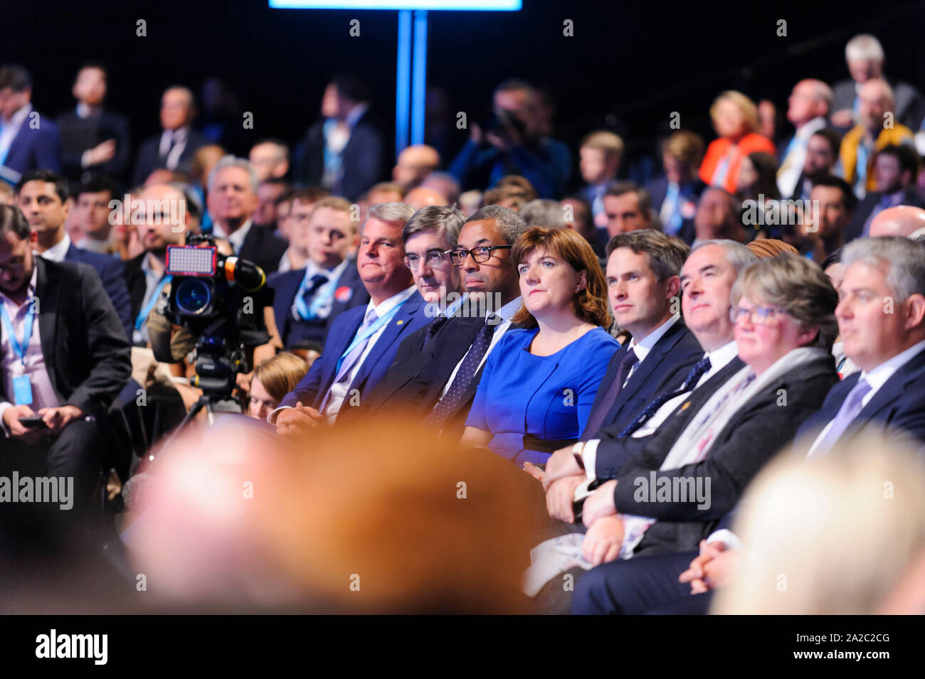 Manchester, UK. 2nd October 2019. Members of the cabinet watch The Prime Minister, The Rt Hon Boris Johnson MP, delivers his keynote speech on day 4 of the 2019 Conservative Party Conference at Manchester Central. Credit: Paul Warburton/Alamy Live News Stock Photo