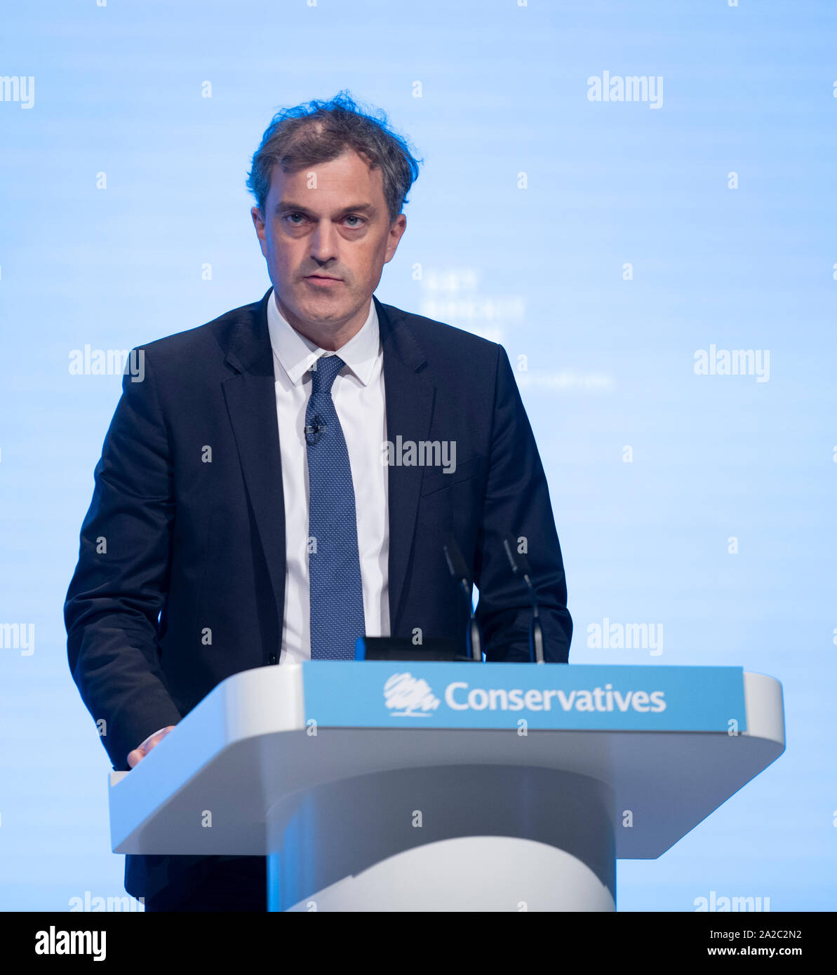 Manchester, UK. 2nd Oct, 2019. Julian Smith, Secretary of State for Northern Ireland and MP for Skipton and Ripon, speaks at day four of the Conservative Party Conference in Manchester. Credit: Russell Hart/Alamy Live News Stock Photo