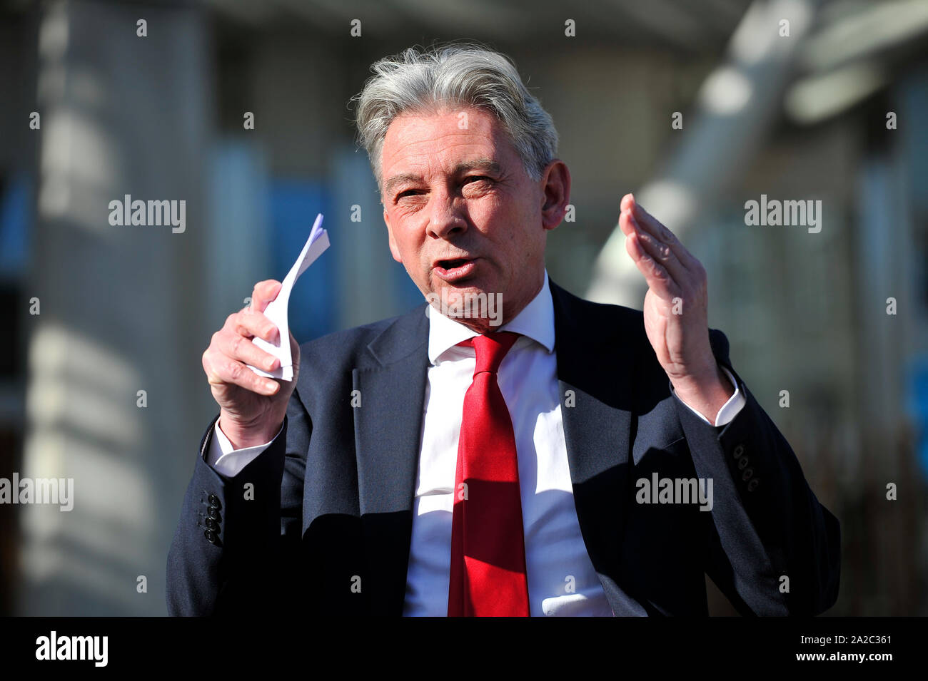 Edinburgh, UK. 02nd Oct, 2019. Edinburgh, 2 October 2019. Scottish Labour leader Richard Leonard (pictured) addresses a rally of railway workers who have come to the Scottish Parliament to show their support for Labour's plans to end the Abellio ScotRail franchise early. Credit: Colin Fisher/Alamy Live News Stock Photo