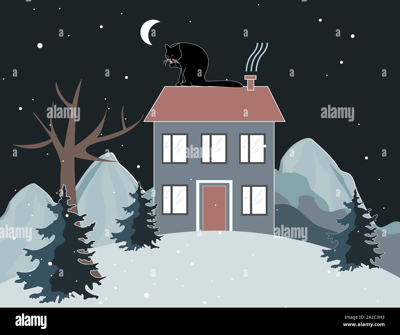 Winter mountains landscape with a cat is seating on the house roof. Trees and house on the hill at night. Winter background Stock Vector