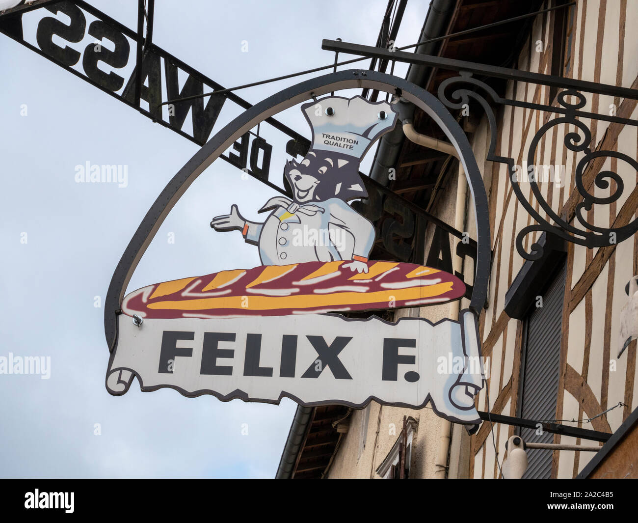 The ornate sign for Felix F boulangerie or french bakers shop in Wassy, Haut-Marne, Champagne-Ardennes region of France Stock Photo