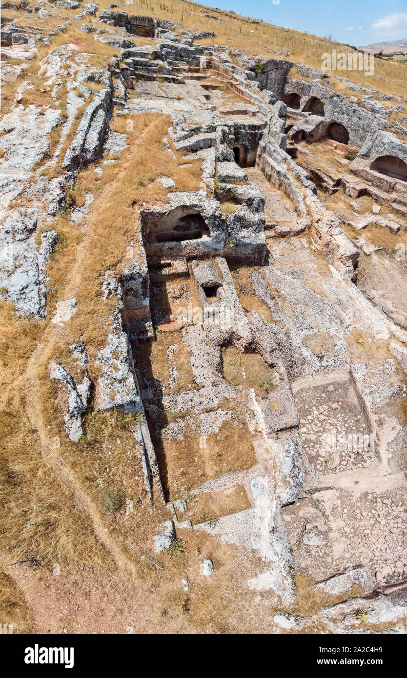 Aerial view of Pirin Ruins. Perre antik kenti, a small town of Commagene Kingdom. Necropolis. Adiyaman. Turkey Stock Photo