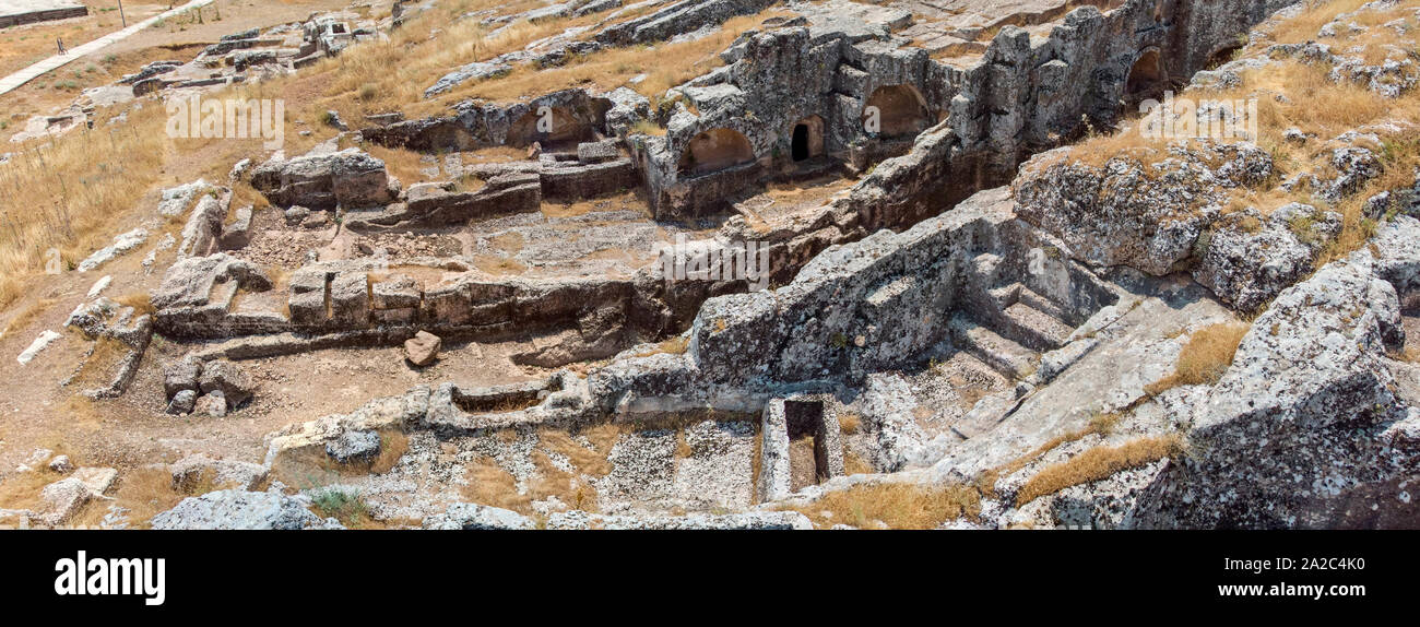 Aerial view of Pirin Ruins. Perre antik kenti, a small town of Commagene Kingdom. Necropolis. Adiyaman. Turkey Stock Photo