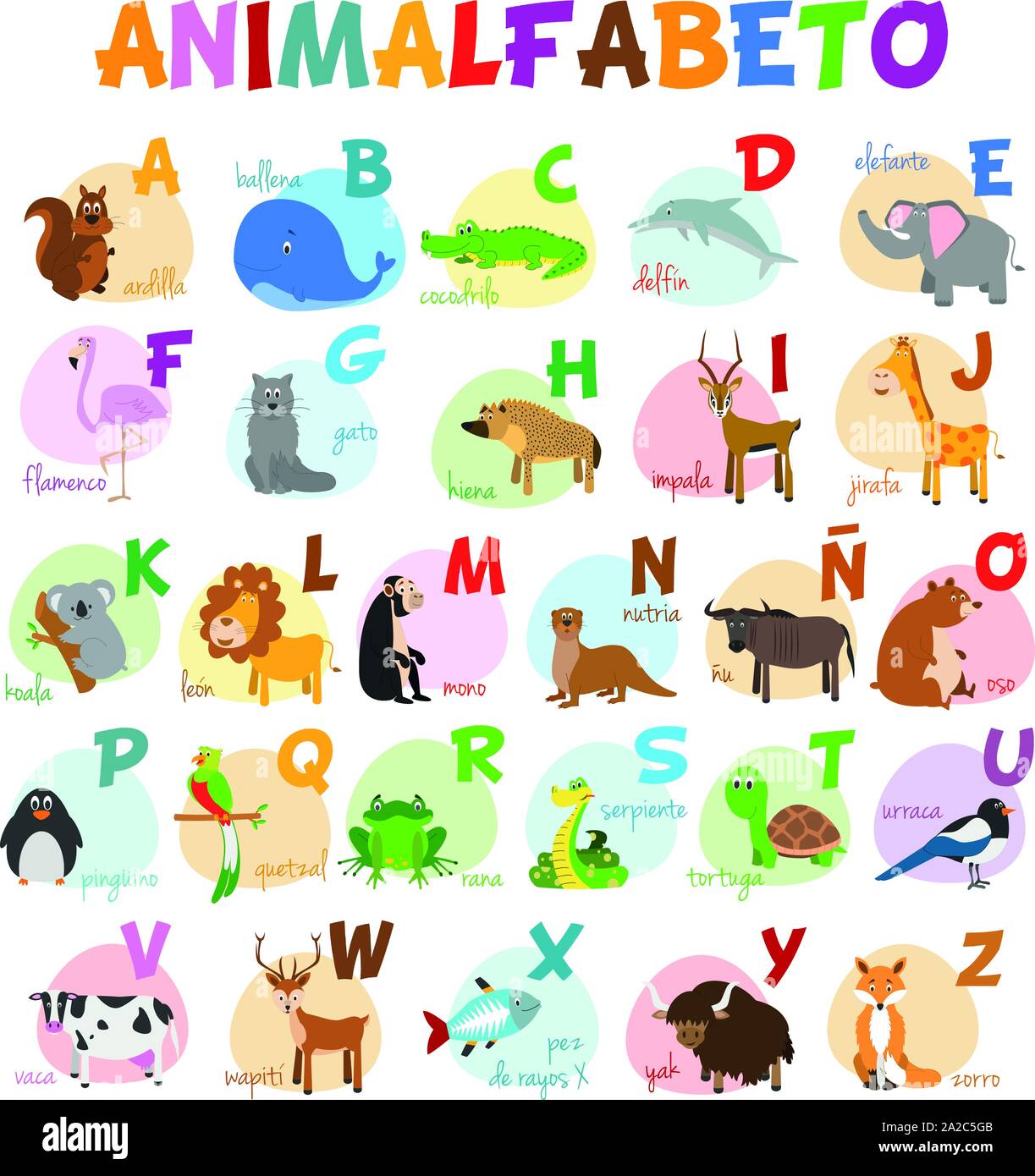 Cute cartoon zoo illustrated alphabet with funny animals. Spanish alphabet. Learn to read. Isolated Vector illustration. Stock Vector