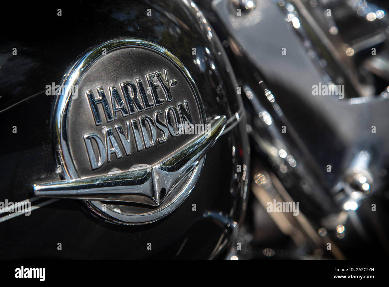 Nicosia, Cyprus- September 30 2018: The sign and logo signature of the famous Harley Davidson brand form a white motorbike Stock Photo