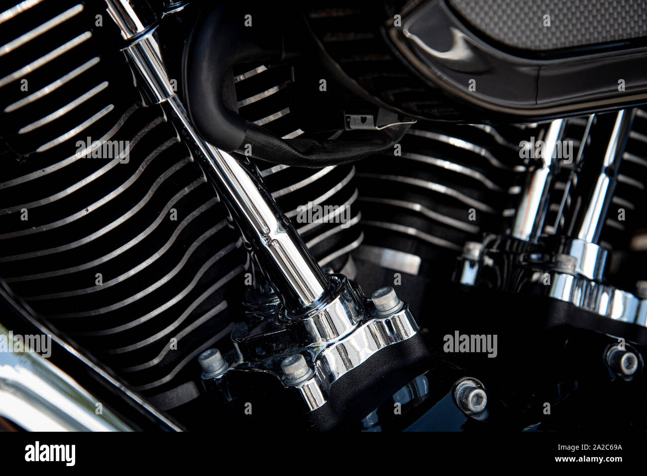 Details of a  shiny chrome motorbike metal Engine Stock Photo