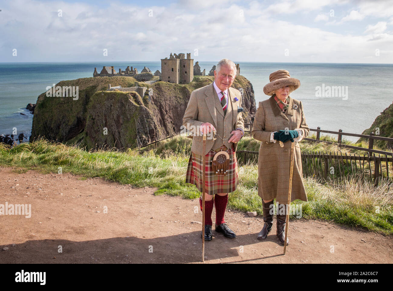 The Prince of Wales and Duchess of Cornwall, known as the Duke and Duchess of Rothesay while in Scotland, visit Dunnottar Castle, the cliff top fortress which was once the home of the Earls Marischal, near Stonehaven. Stock Photo