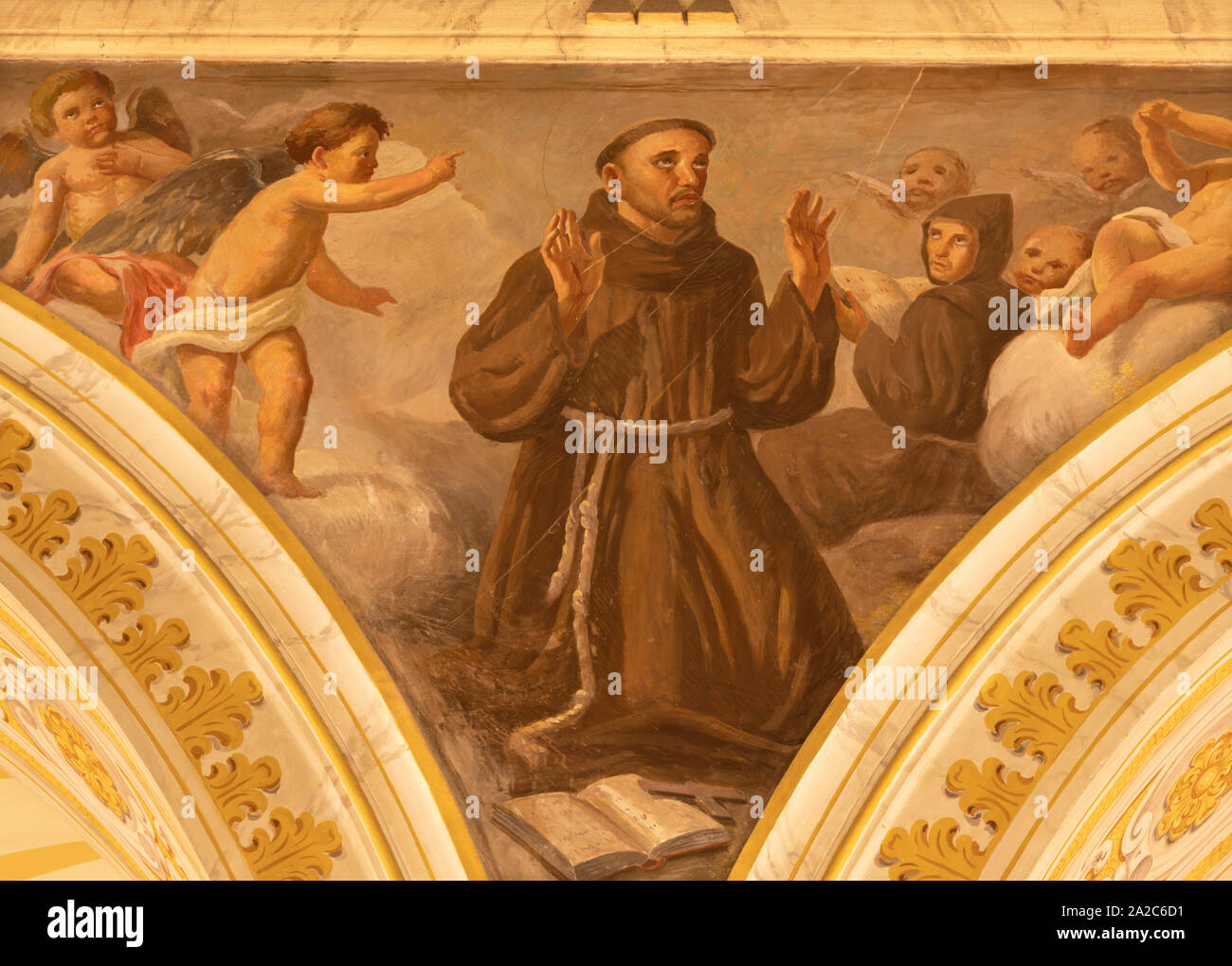 ACIREALE, ITALY - APRIL 11, 2018: The fresco of Stigmatization of St. Francis of Assisi in Duomo by Giuseppe Sciuti (1907). Stock Photo