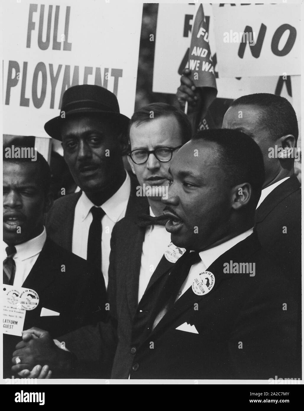Dr Martin Luther King, Jr, August 28, 1963. President of the Southern Christian Leadership Conference, and Mathew Ahmann, Executive Director of the National Catholic Conference for Interracial Justice, during a civil rights march, Washington, District of Columbia. Image courtesy National Archives. () Stock Photo