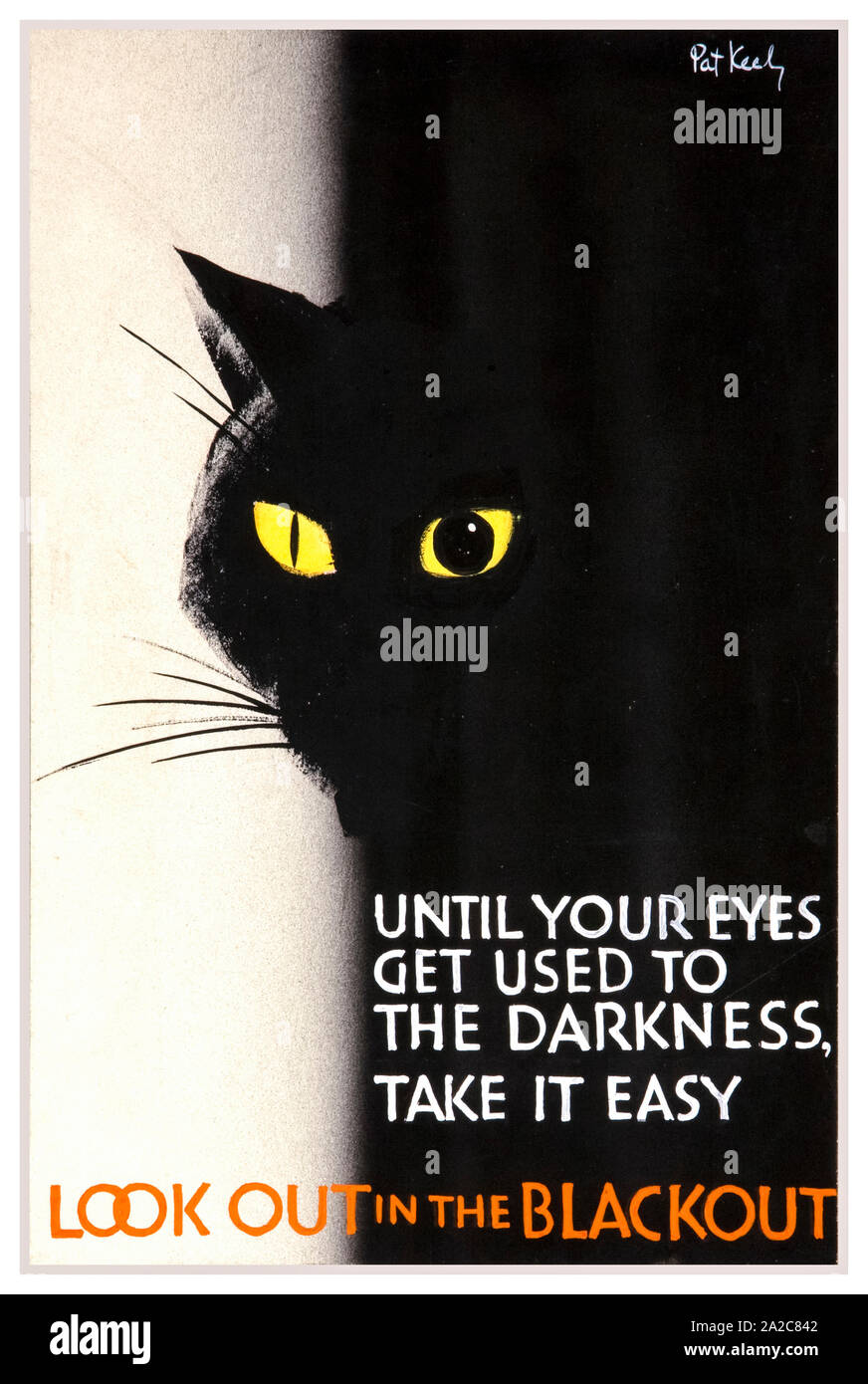 British, WW2, Road safety poster, Look out in the blackout (black cat's head with yellow eyes), 1939-1946 Stock Photo