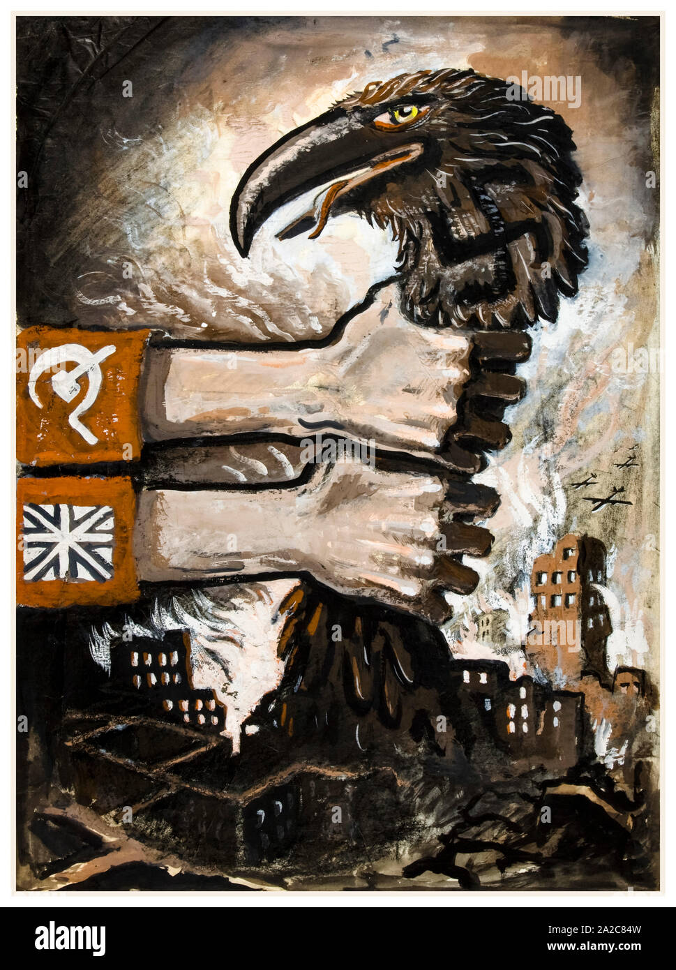 British, WW2, Unity of Strength poster, Inter-allied co-operation, British and Soviet arms grasping neck of predatory Nazi bird arising from the ruins of bombed town, 1939-1946 Stock Photo